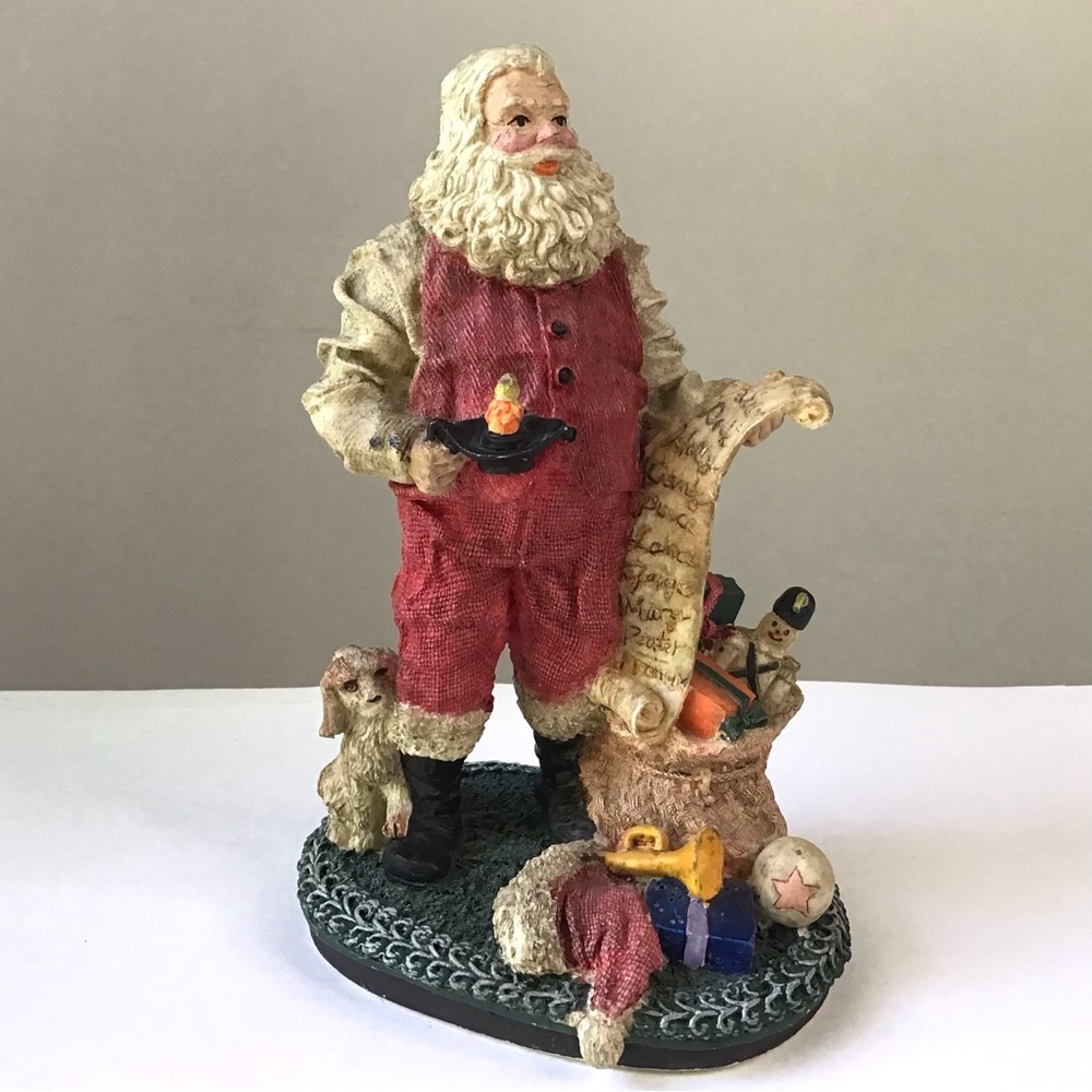 Vintage Santa Claus Figurine Christmas Decor 6” Resin List Toy Bag & Puppy